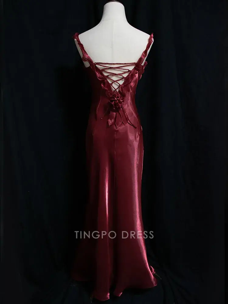 TingPo Wholesale Elegant Dark Red Vintage Floral V-neck Evening Gown Lace-up Back Mermaid Dress
